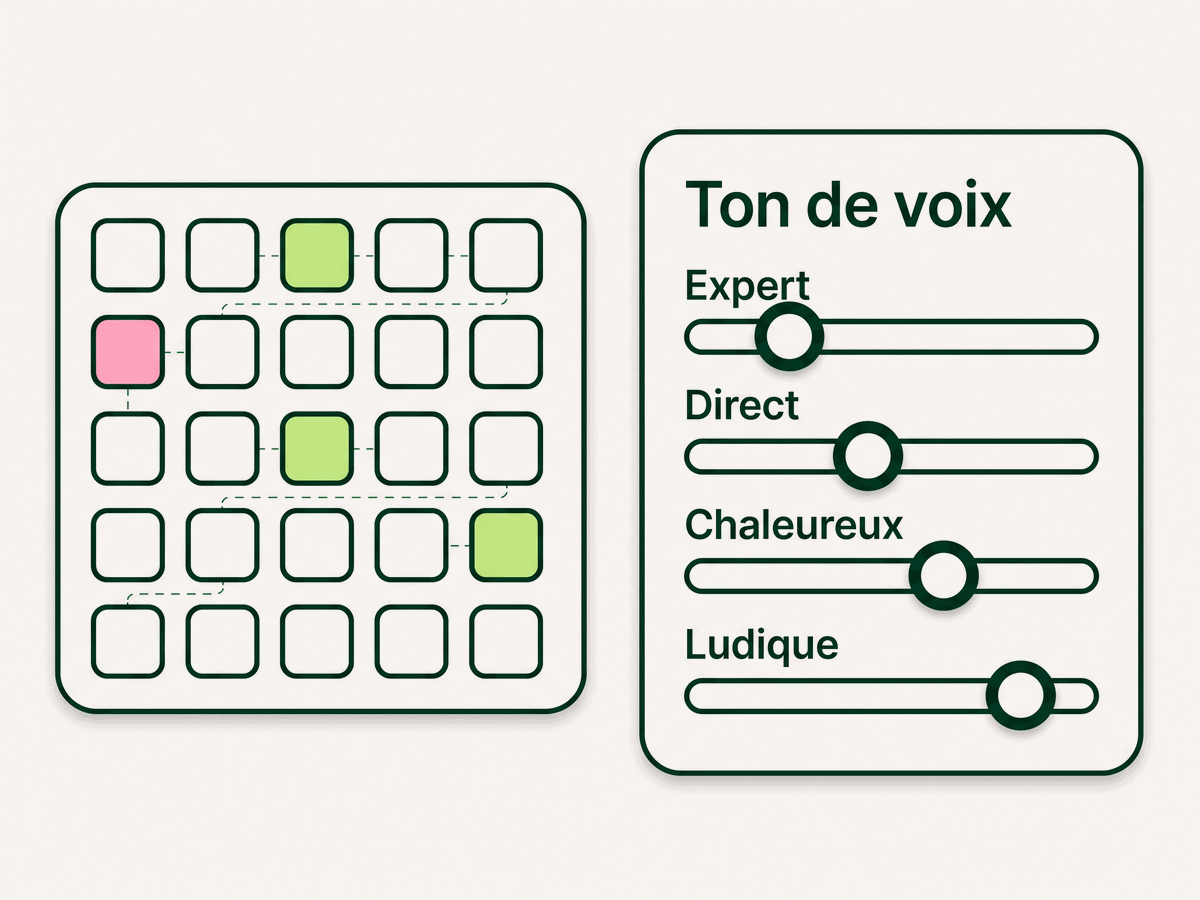Panneau « Ton de voix » et ses quatre curseurs de style éditorial, à côté d'une grille de cases colorées