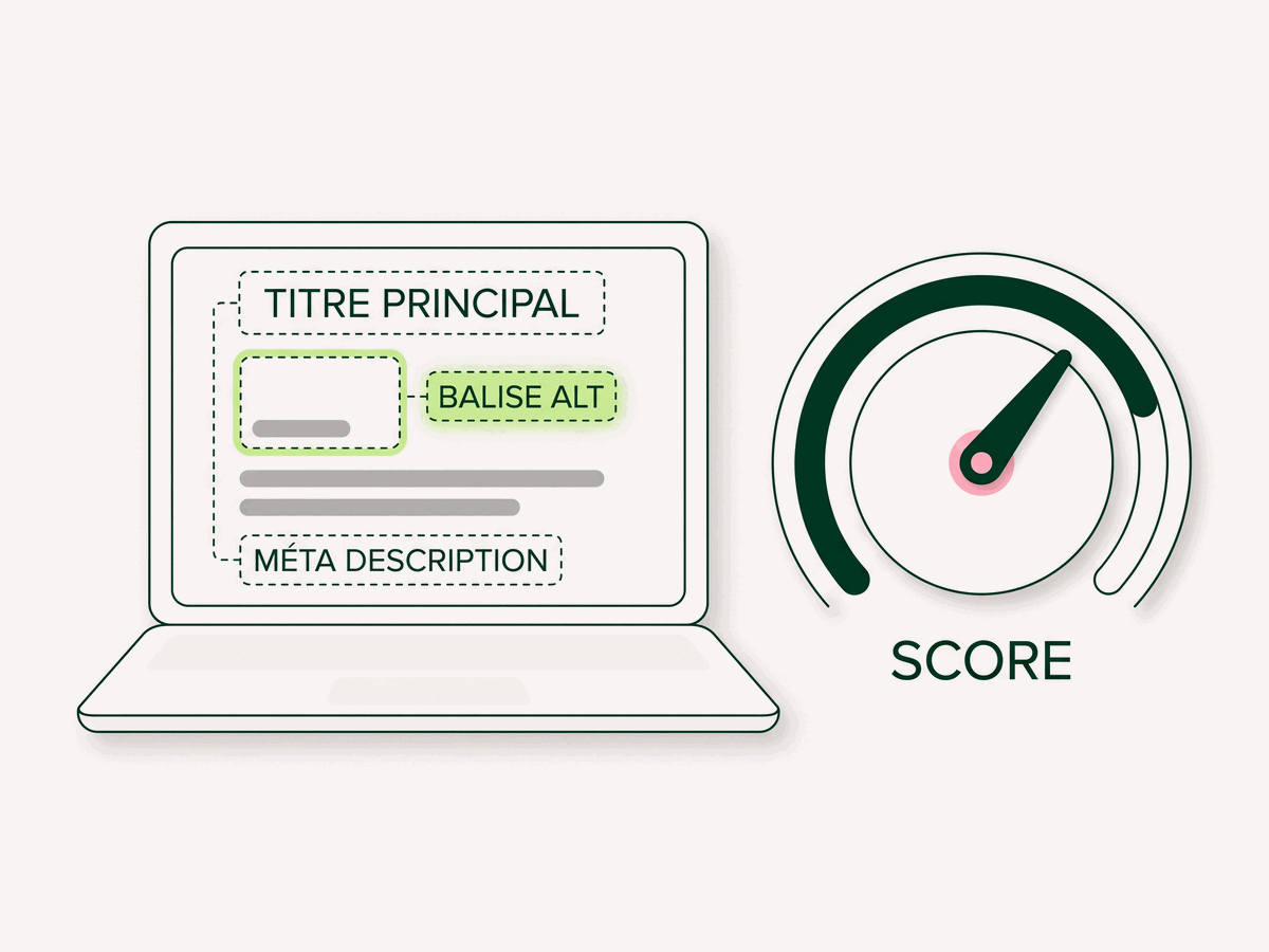 Ordinateur portable dont la page est annotée « Titre principal », « Balise alt » et « Méta description », à côté d'un cadran « Score » sans valeur