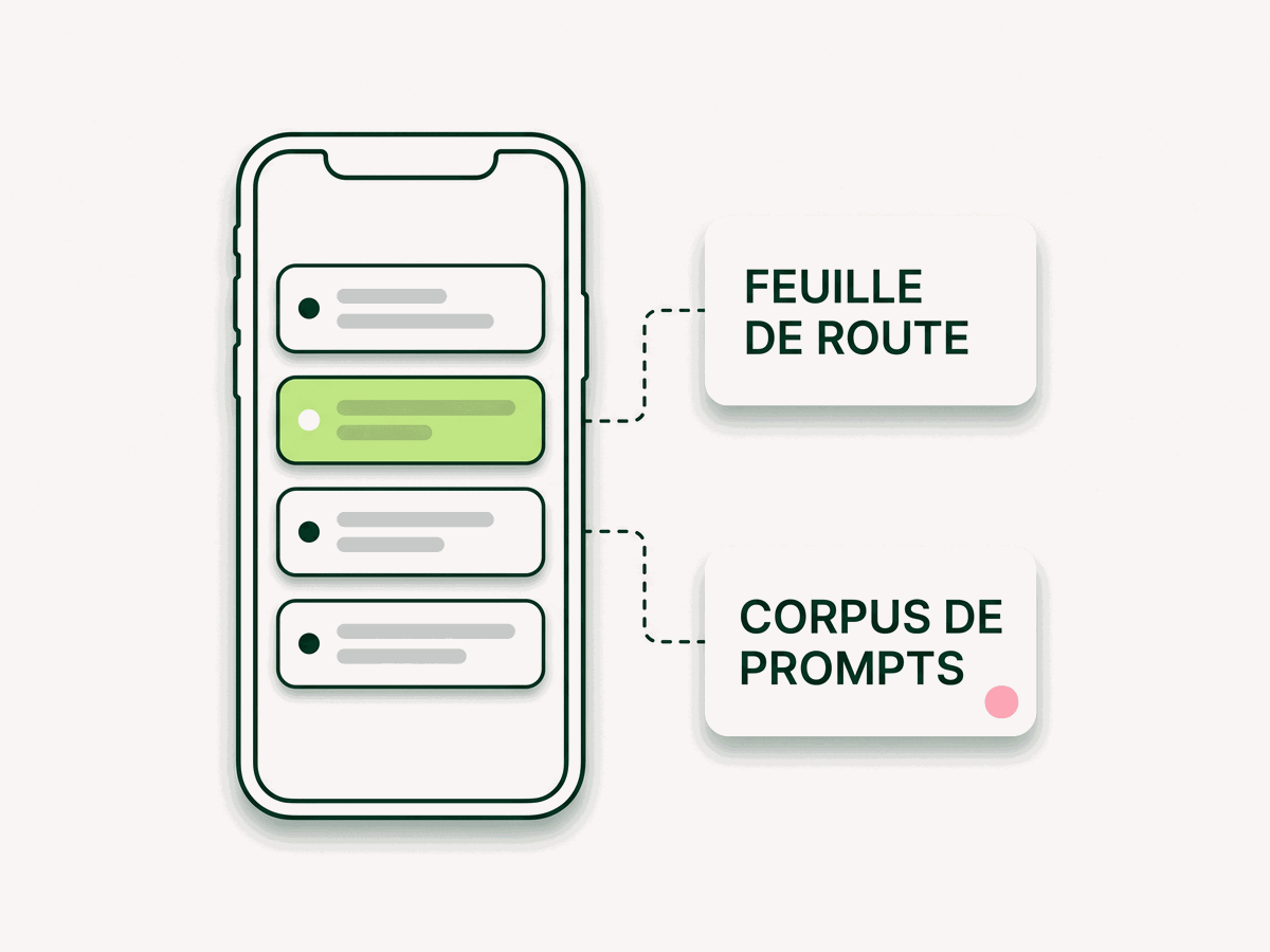 Écran de téléphone relié à deux encarts, « Feuille de route » et « Corpus de prompts »