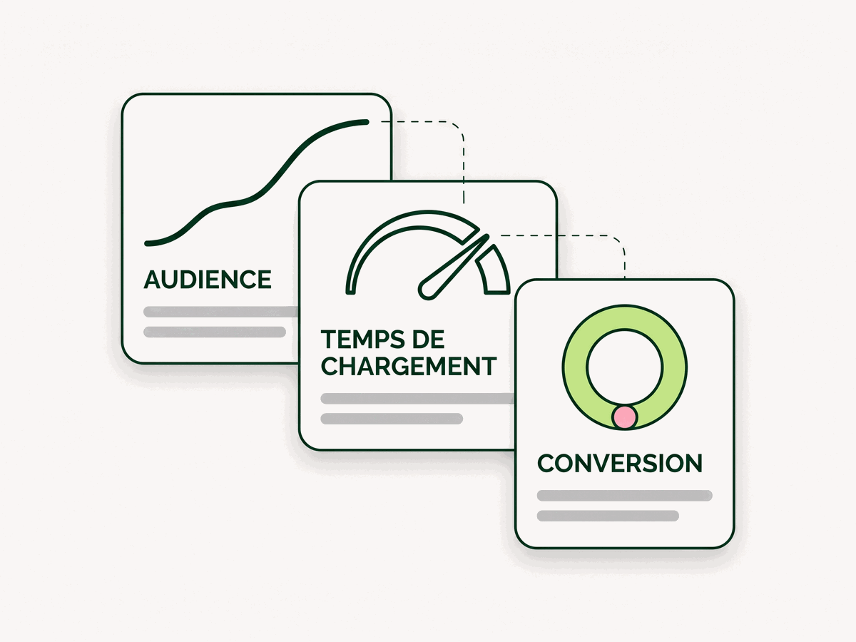 Trois encarts d'interface superposés : courbe d'audience, jauge de temps de chargement et anneau de conversion, sans valeur chiffrée