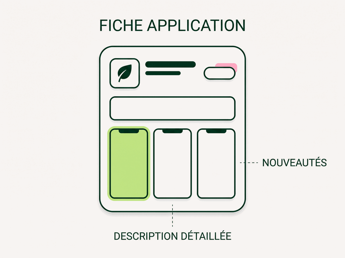 Fiche d'application sur un store mobile : icône neutre, captures d'écran, libellés « Nouveautés » et « Description détaillée »