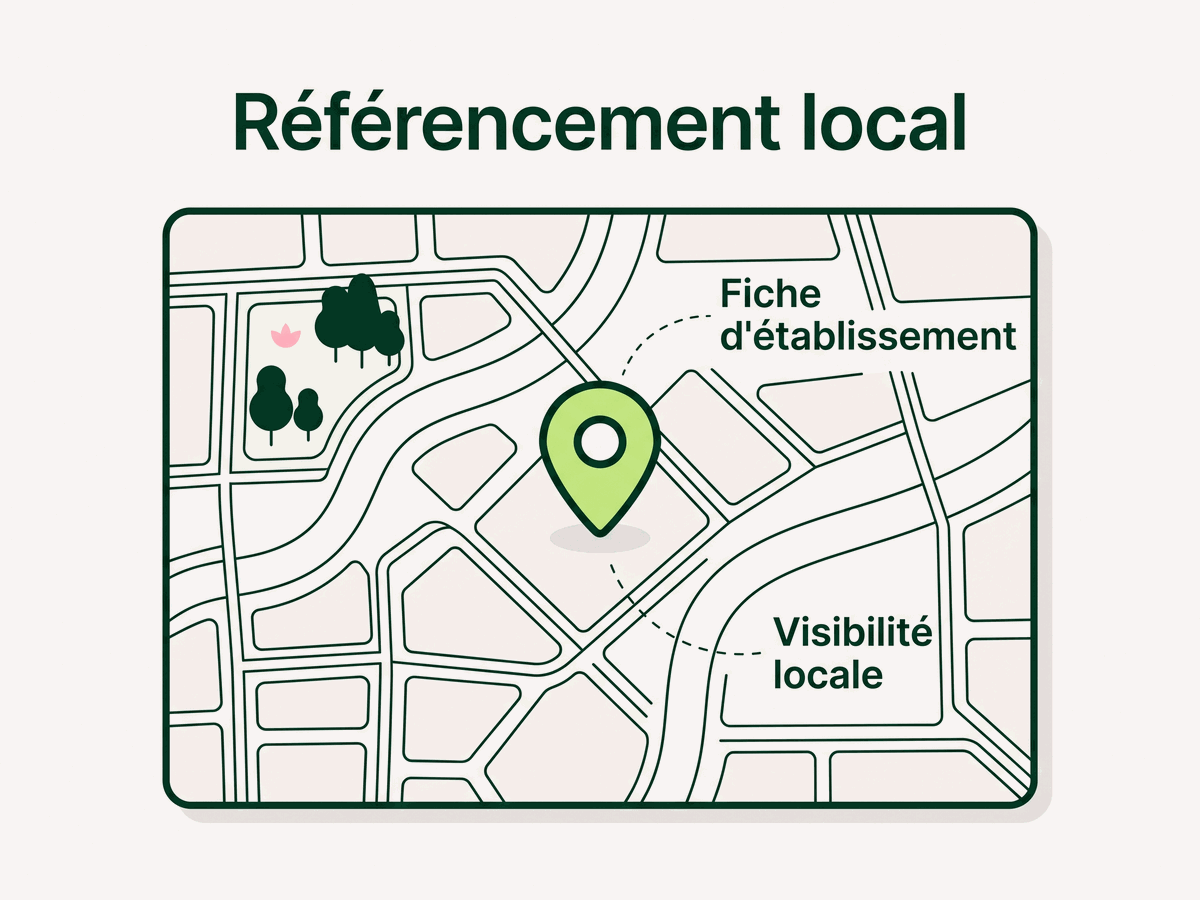 Plan de ville vu du dessus portant une seule épingle verte, annoté « Fiche d'établissement » et « Visibilité locale »
