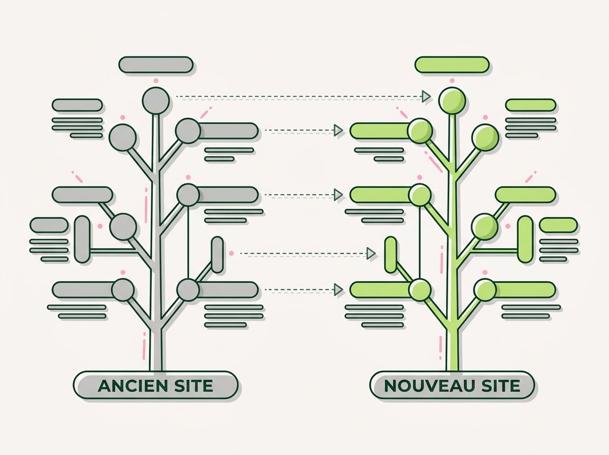 Deux arborescences en forme d'arbre, l'ancienne en gris et la nouvelle en vert, reliées par des flèches de redirection