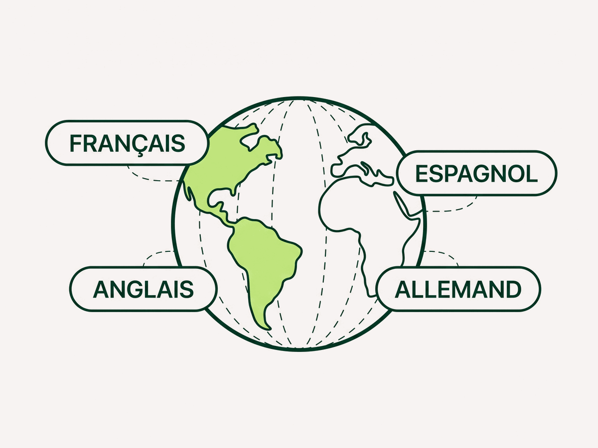 Globe terrestre relié à quatre étiquettes de langues : français, anglais, espagnol, allemand