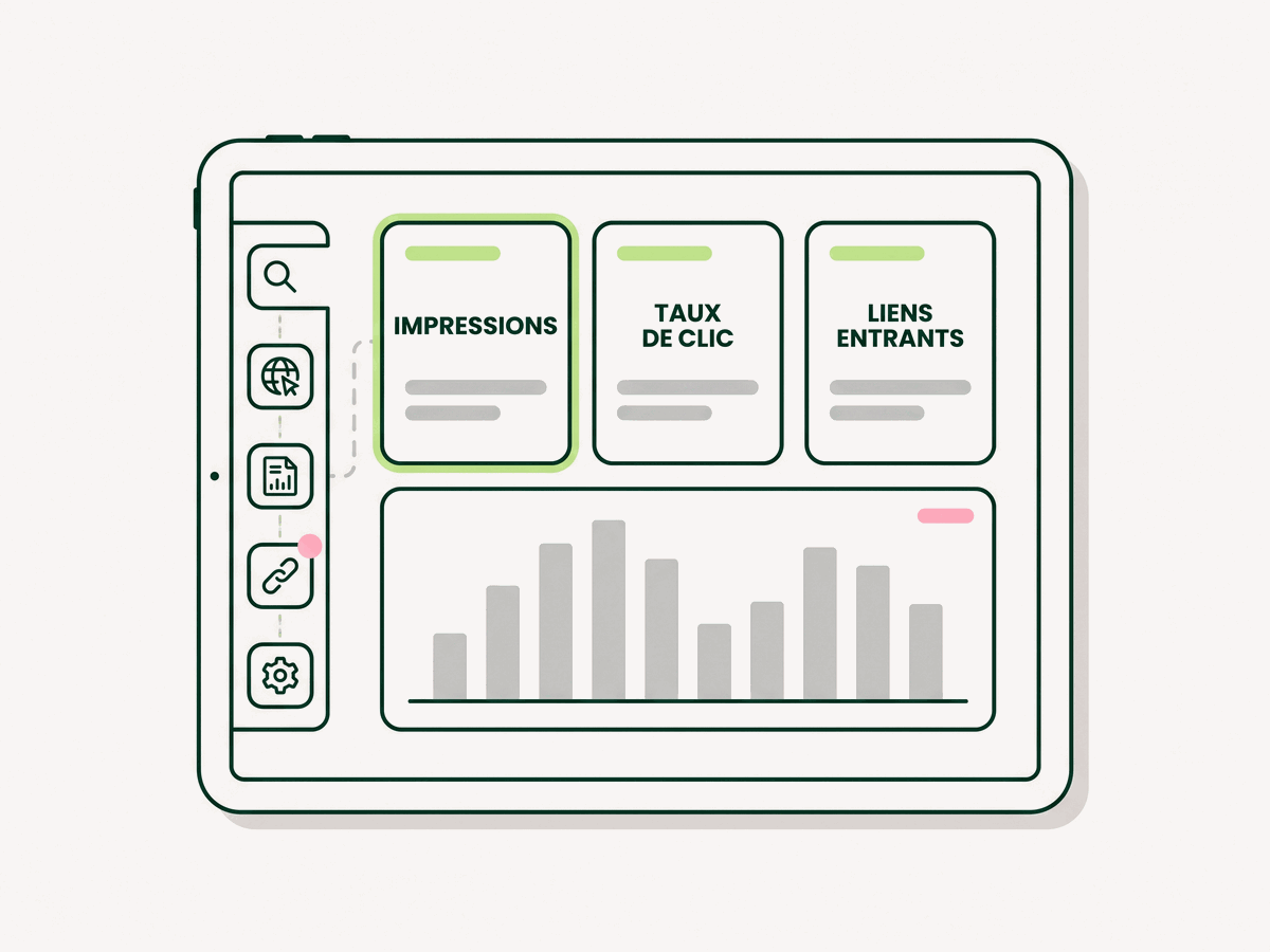 Tableau de bord sur tablette : modules « Impressions », « Taux de clic » et « Liens entrants », graphiques en barres grises sans valeur
