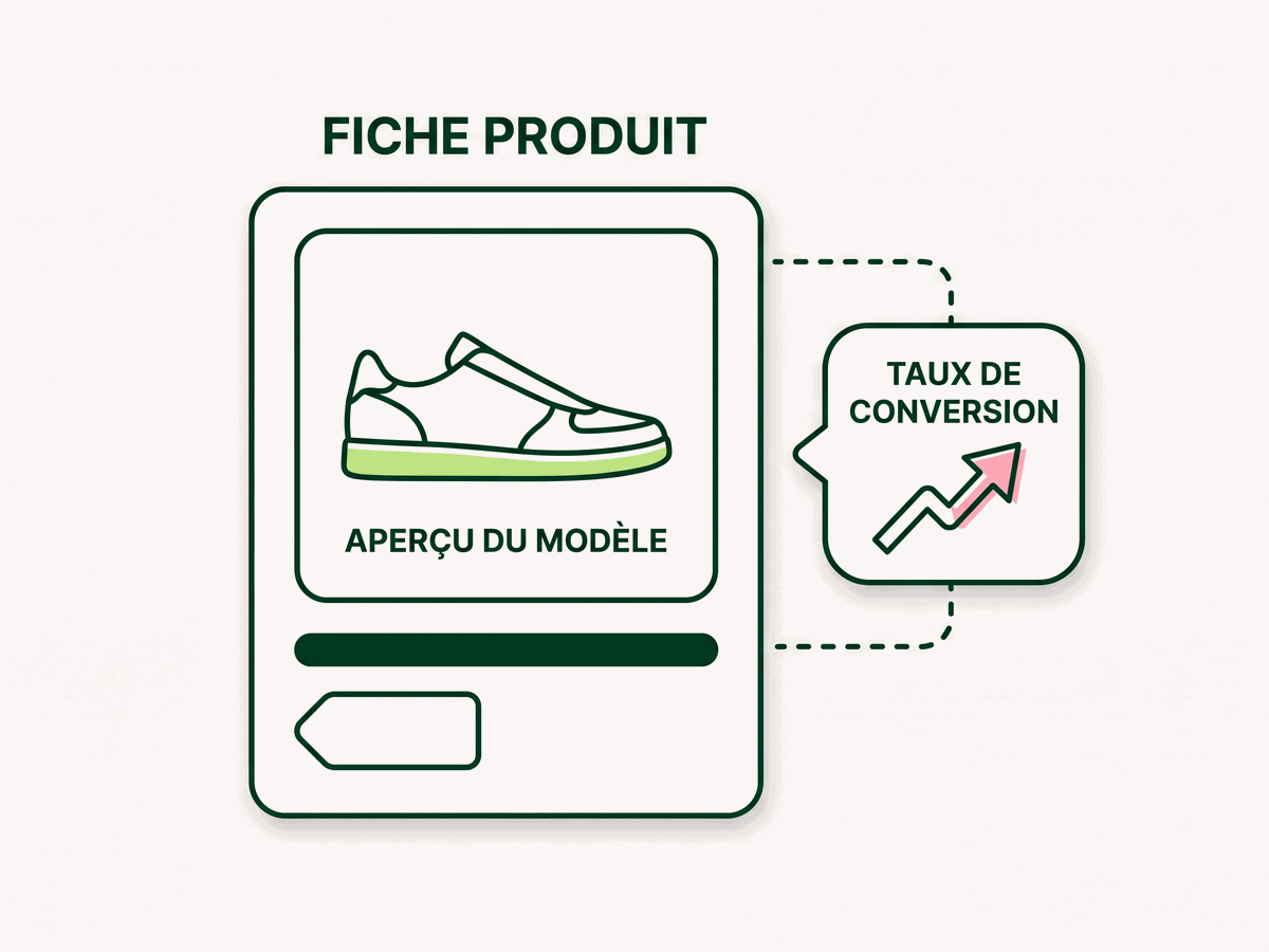 Fiche produit d'une basket sans marque, reliée à une bulle « Taux de conversion » portant une flèche de tendance
