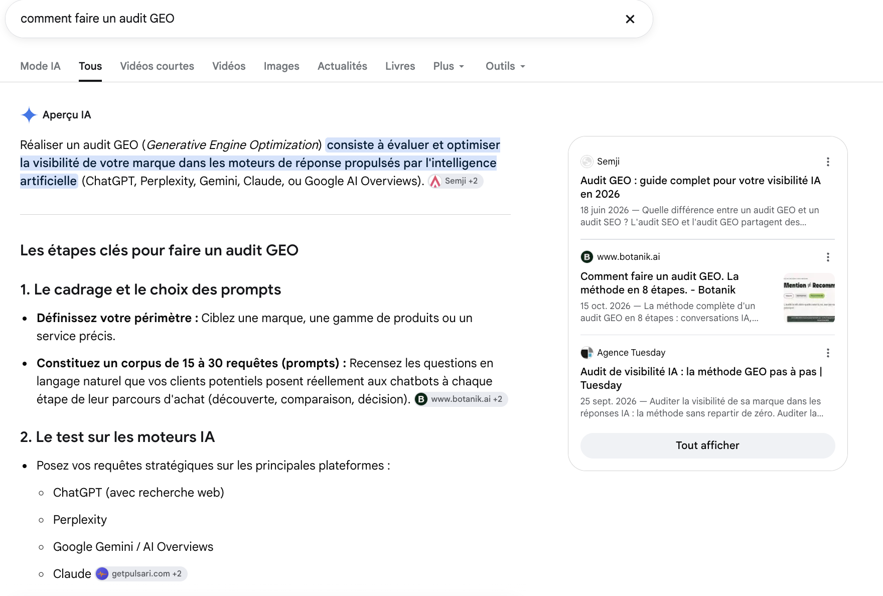 Aperçu IA de Google sur « comment faire un audit GEO », 24 octobre 2026 : botanik.ai en 2e source, lien accroché à l'étape « corpus de 15 à 30 prompts »