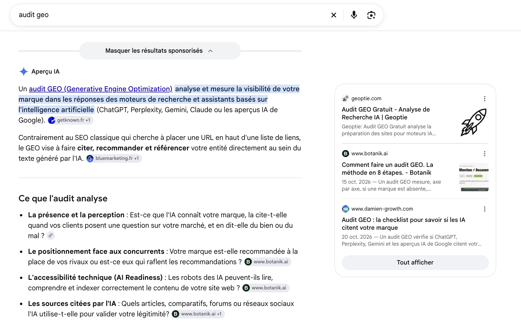 Aperçu IA de Google sur « audit geo », 24 octobre 2026 : botanik.ai en 2e source et sur 3 des 4 premiers points de la réponse