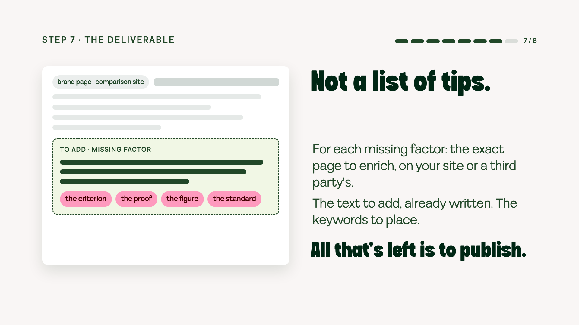 The GEO action plan deliverable: a third-party page to enrich, the text to add already written and the keywords to place