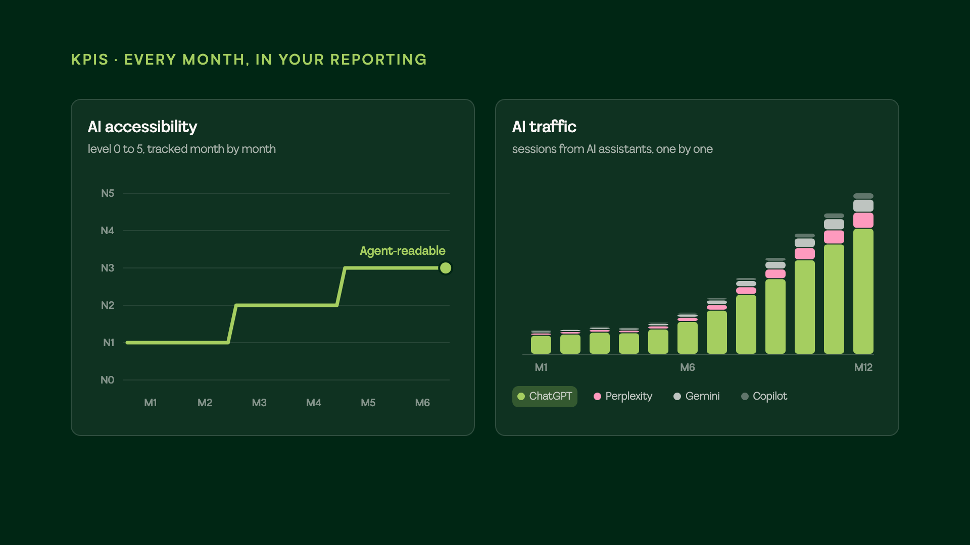 The two KPIs tracked every month: AI accessibility level logged tier by tier, and AI traffic month by month, AI by AI