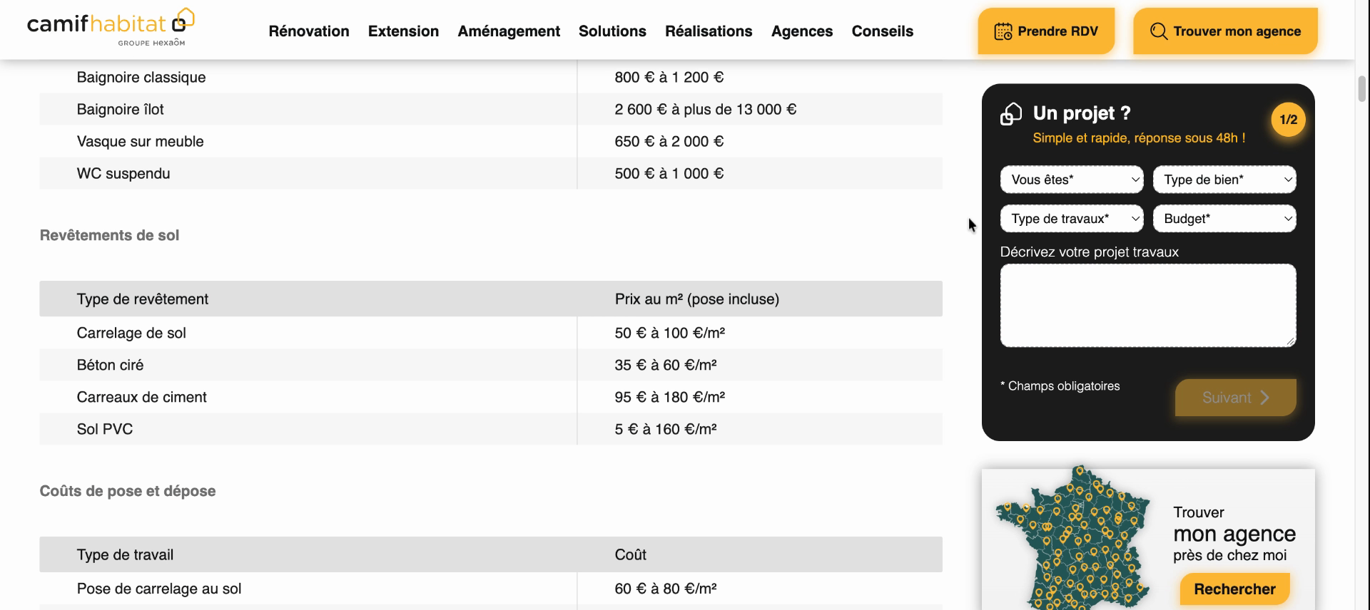 Page Camif Habitat : formulaire de projet intégré au premier écran, à côté du contenu