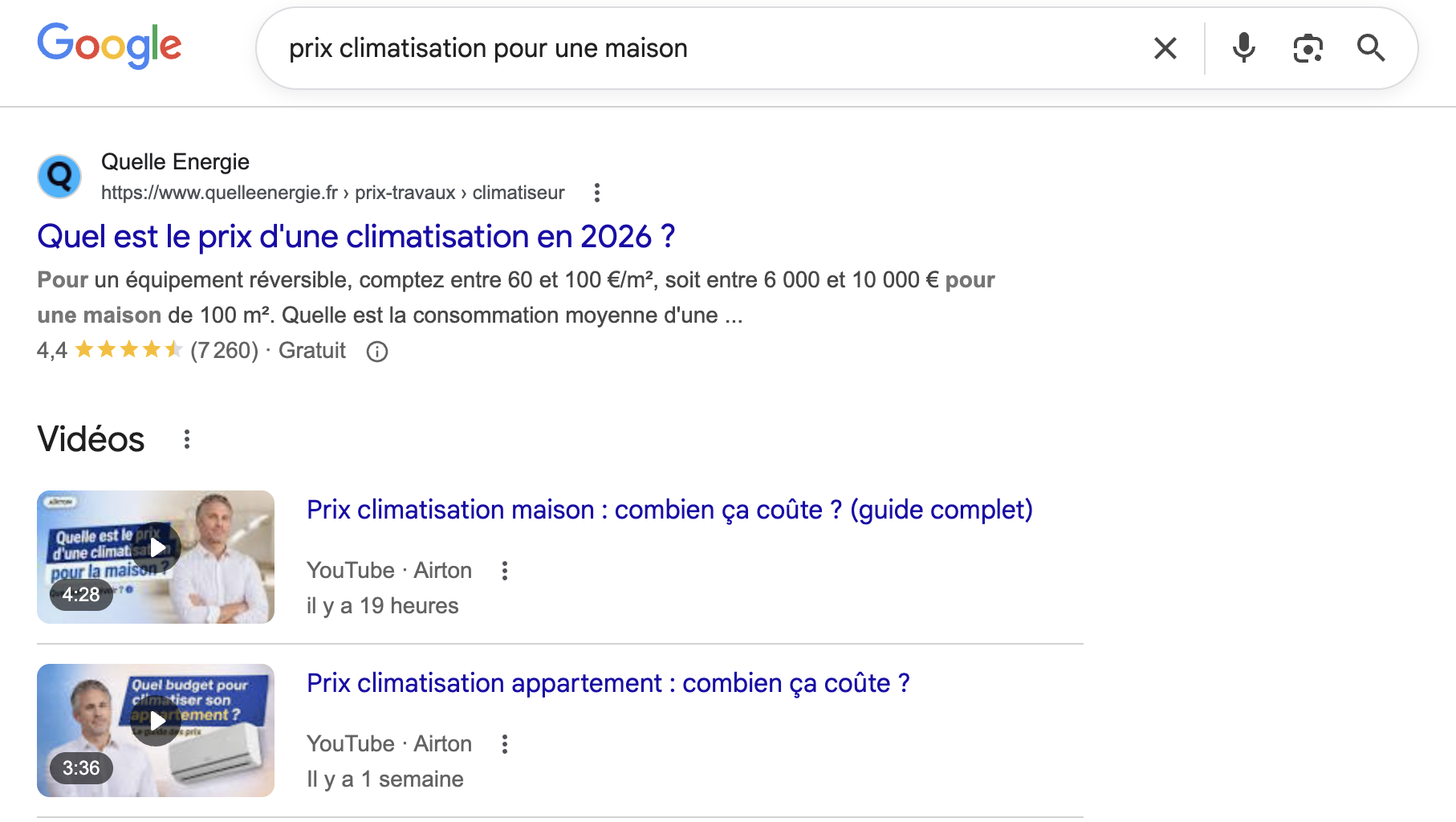 Airton - 2 vidéos dans l'encart Video Preview Google pour 'prix climatisation pour une maison'