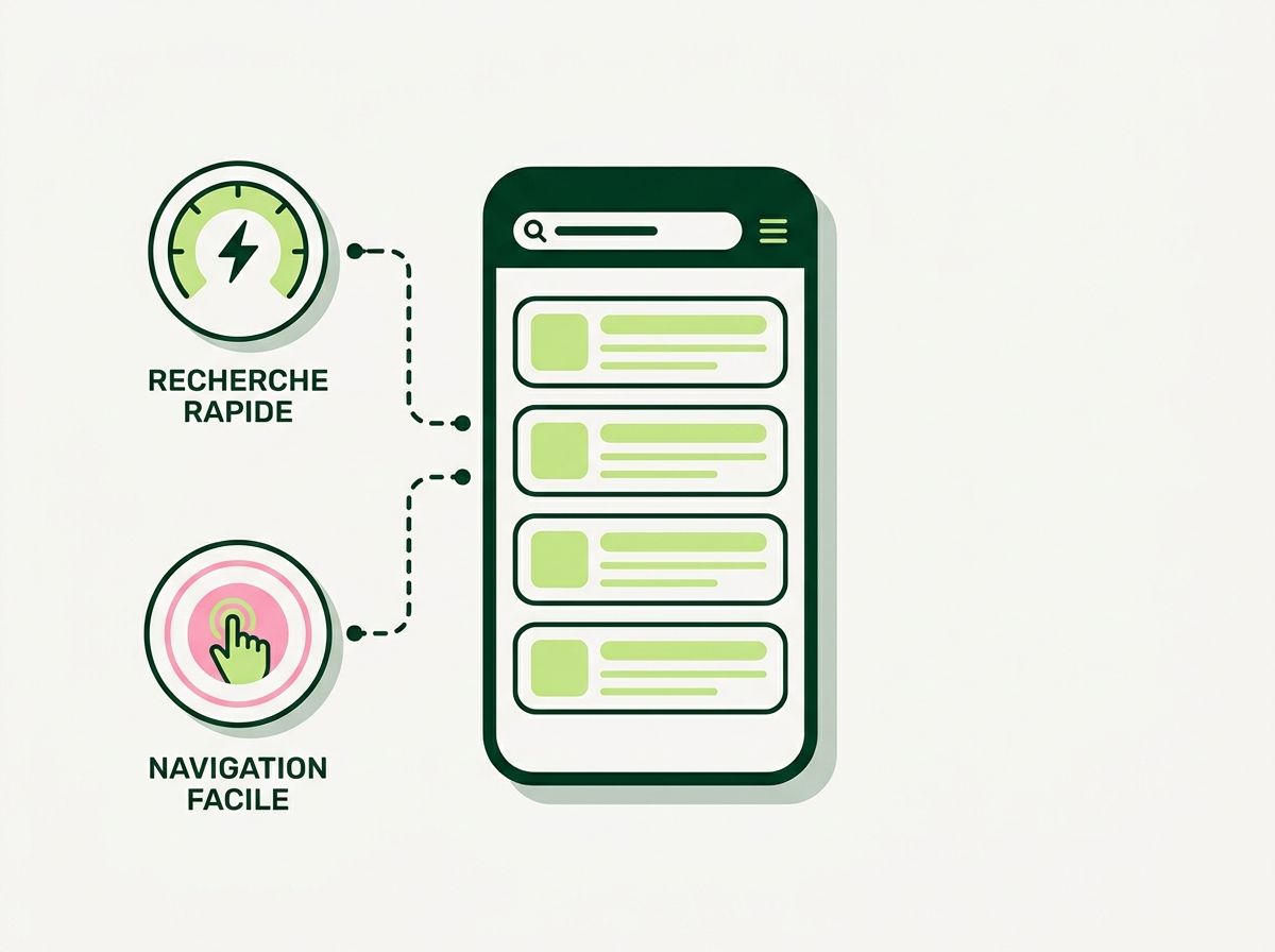 Un smartphone affichant une page de résultats de recherche, relié à un cadran de vitesse et à un repère de zone tactile