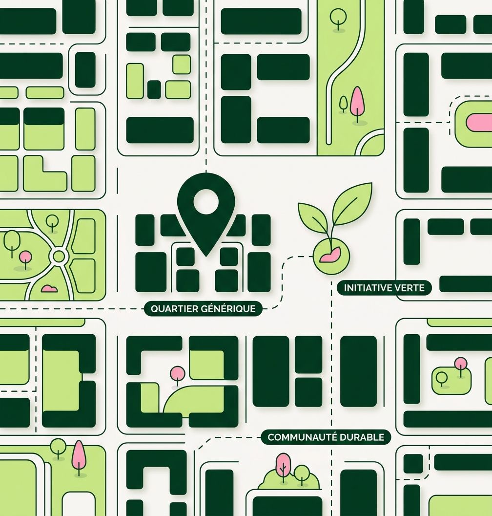 Un quartier générique vu du dessus, une épingle sur un îlot et une jeune pousse