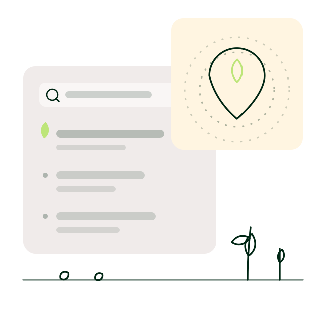 Panneau de résultats de recherche aux lignes esquissées, dont le premier porte une feuille, à côté d'un repère de carte planté au centre de deux cercles de portée