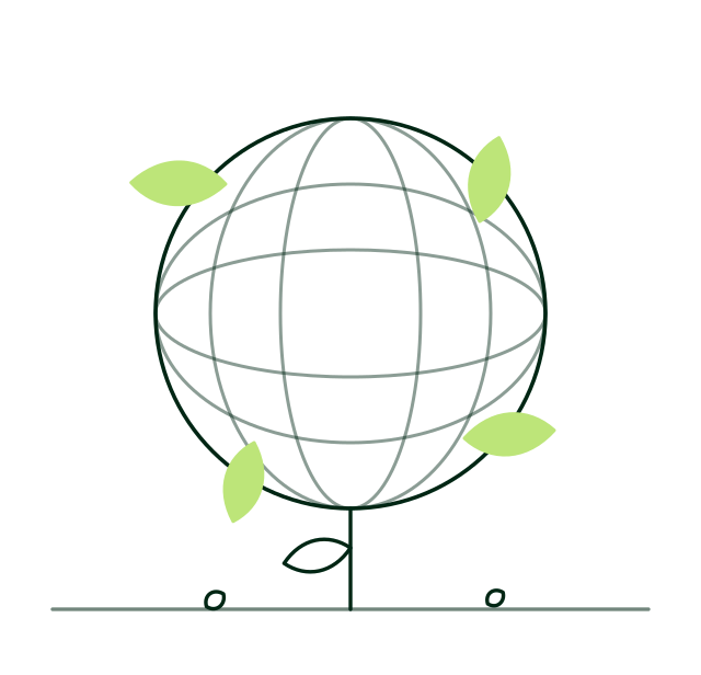 Sphère quadrillée de latitudes et de méridiens sur laquelle poussent quatre feuilles