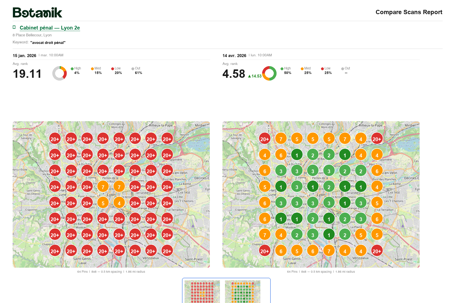 SEO local avocat droit pénal Lyon — avant après ranking Google Maps Botanik