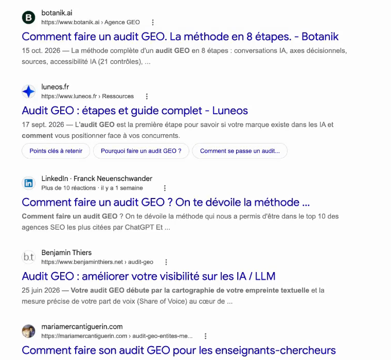 Page de résultats Google sur « comment faire un audit geo » : la page botanik.ai, puis le post LinkedIn de Franck Neuenschwander deux places plus bas