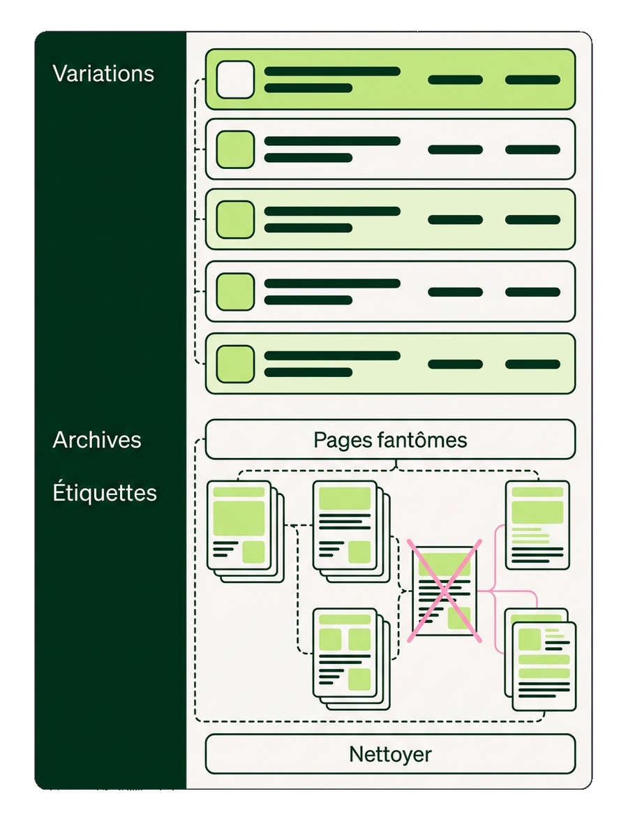 Écran WooCommerce : variations produit et archives générées, dont une écartée