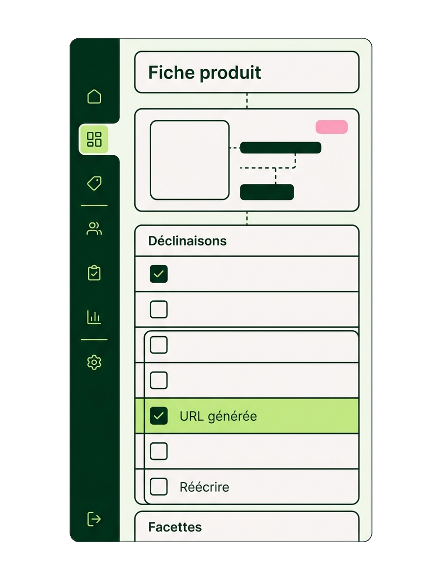 Écran produit PrestaShop : déclinaisons et facettes reliées à une URL générée