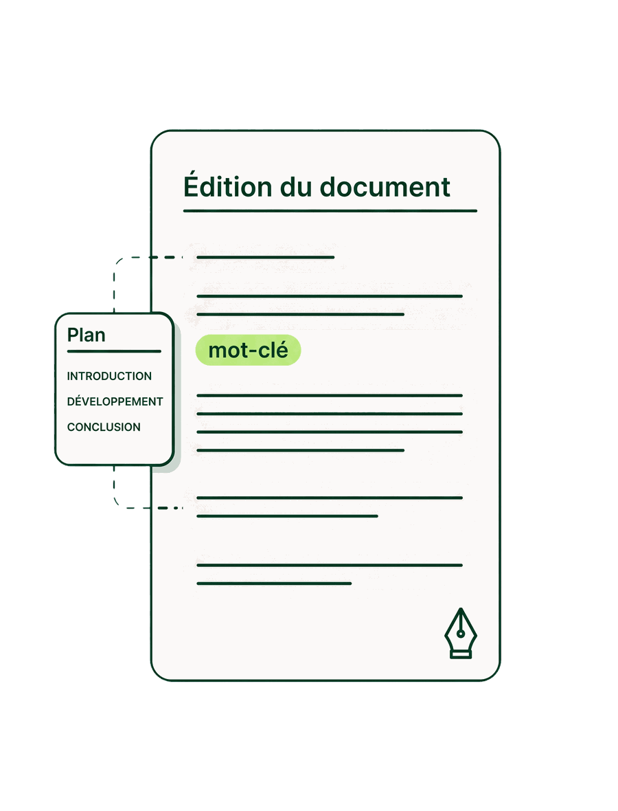 Document en cours d'édition, son plan à gauche et un mot-clé surligné dans le corps du texte