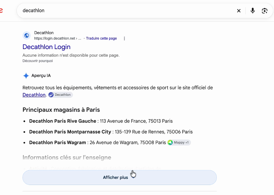 Page de résultats Google sur « decathlon » : l'Aperçu IA apparaît sous le site officiel, avec les magasins de Paris