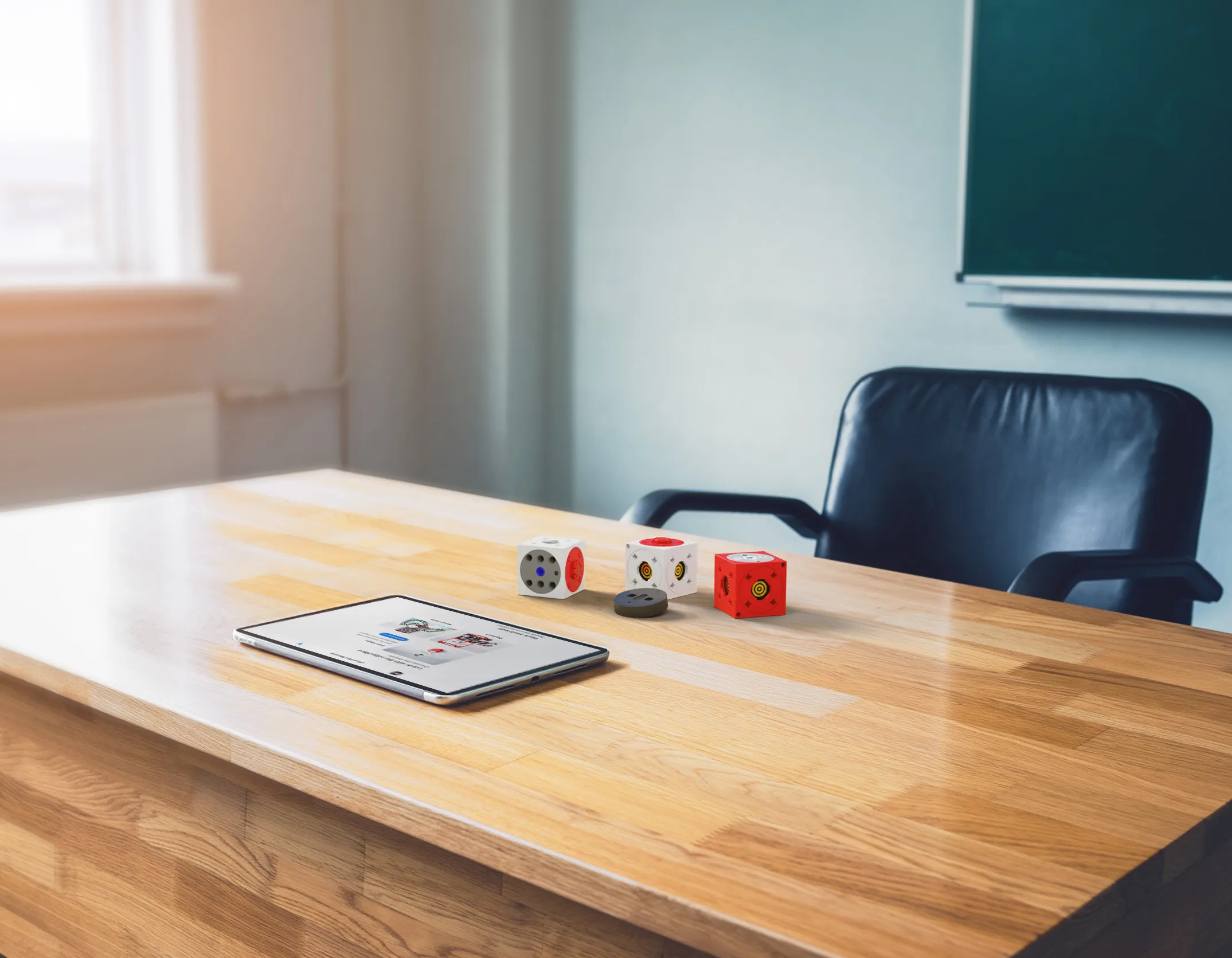 Schreibtisch in einem Klassenraum mit Tablet und eXperiBot Module.