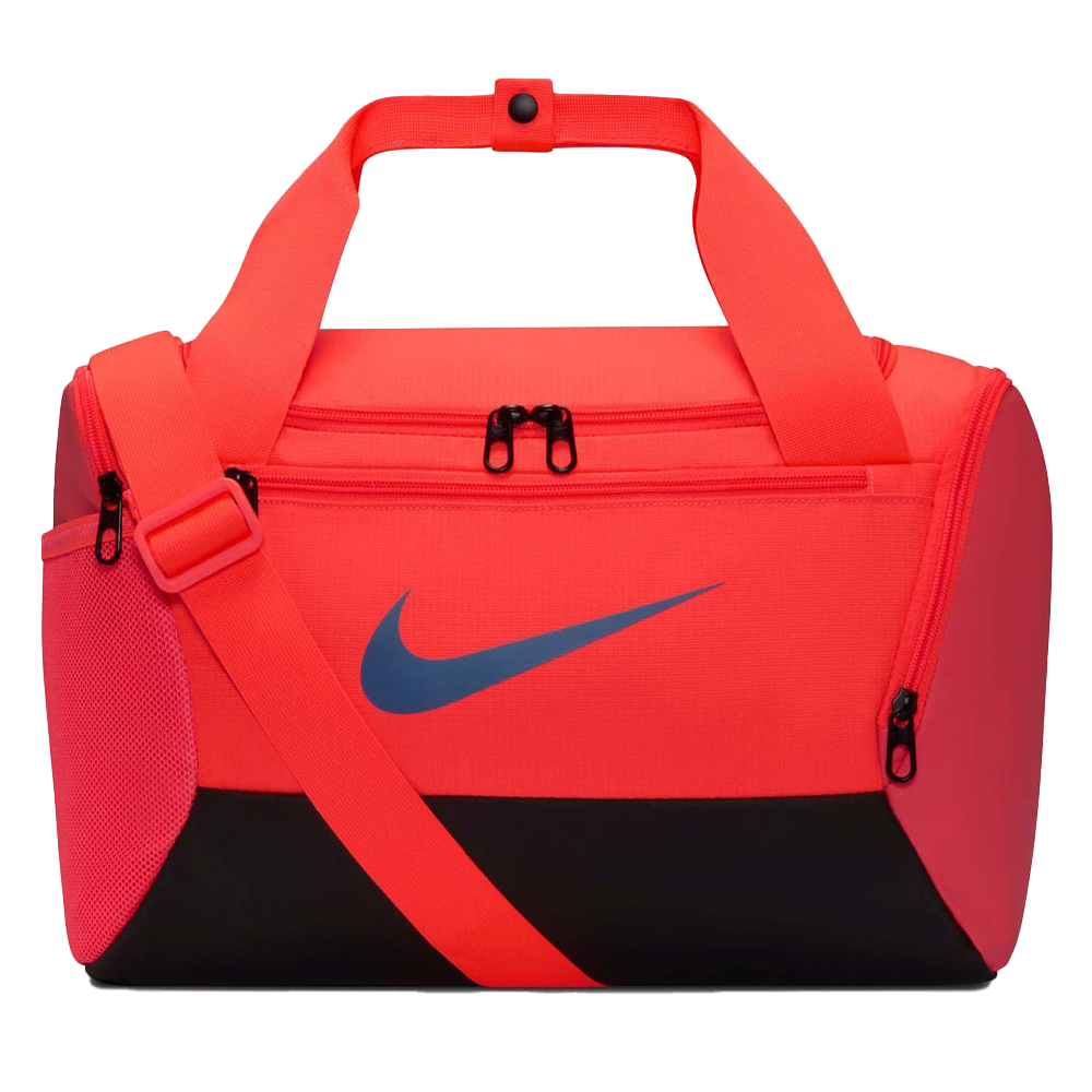 Bright red sports duffel bag with black accents, adjustable strap, multiple zippered compartments, and a blue logo on the side.