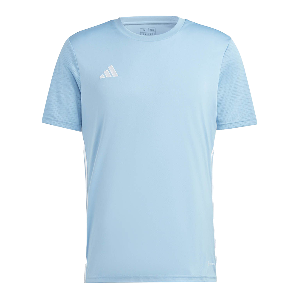 Light blue athletic T-shirt with short sleeves, white logo on the chest, and mesh detailing on the shoulders.