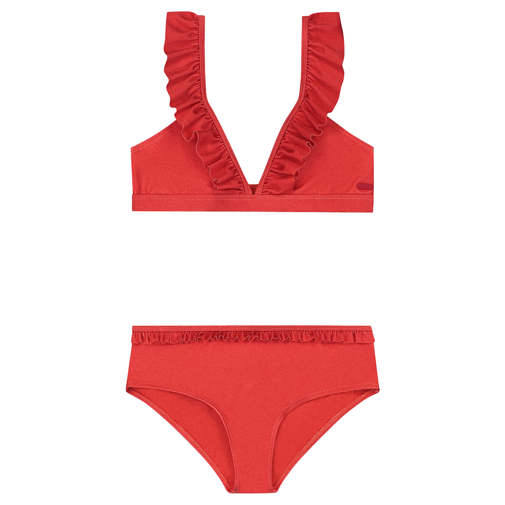 Red bikini with ruffled detailing on the top and waistband, featuring a deep V-neck and matching high-waist bottoms.
