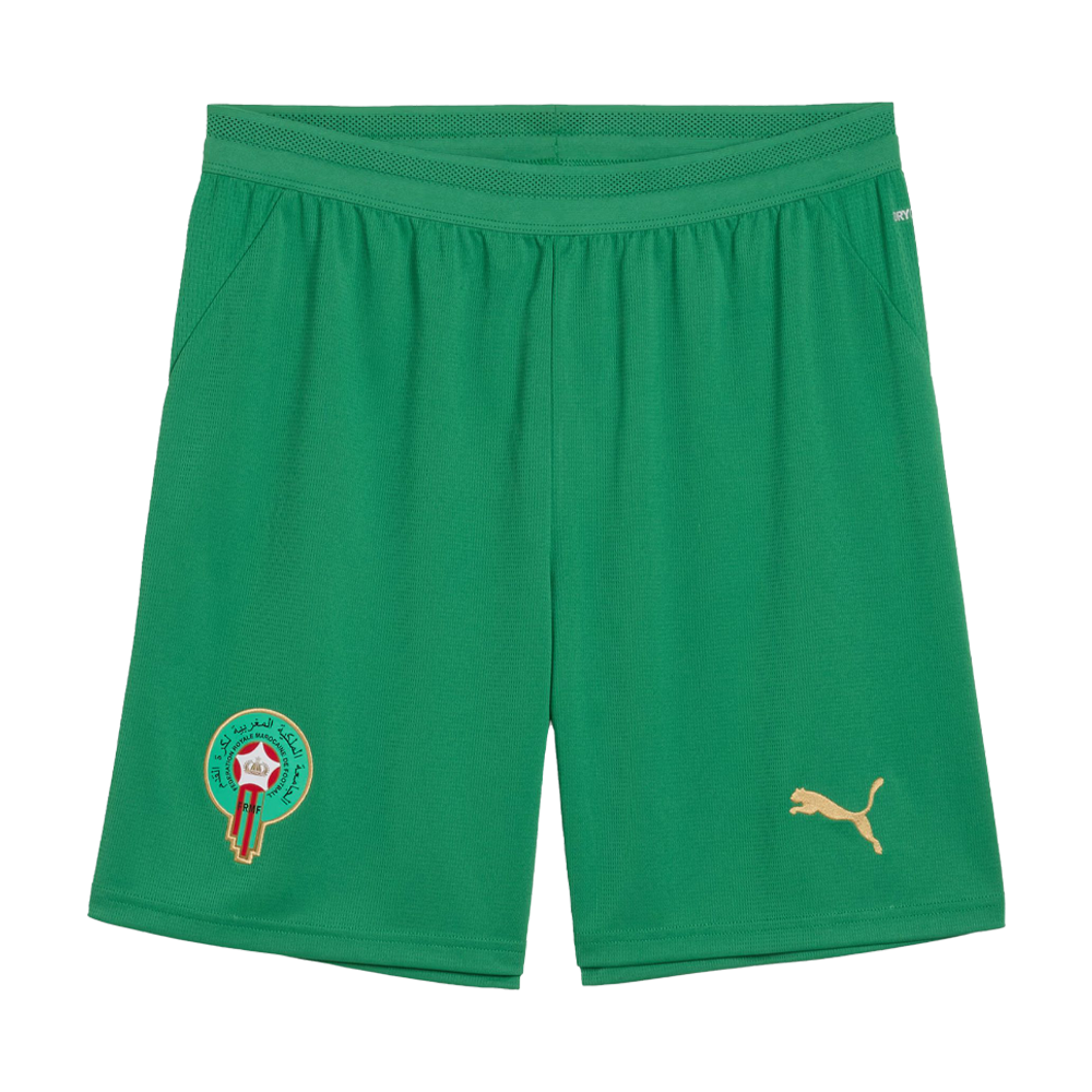 Green sports shorts featuring an embroidered emblem on the left and a golden Puma logo on the right, with an elastic waistband.