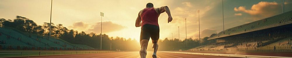 A runner in a red tank top and black shorts sprints on a track towards the sunrise in an empty stadium.