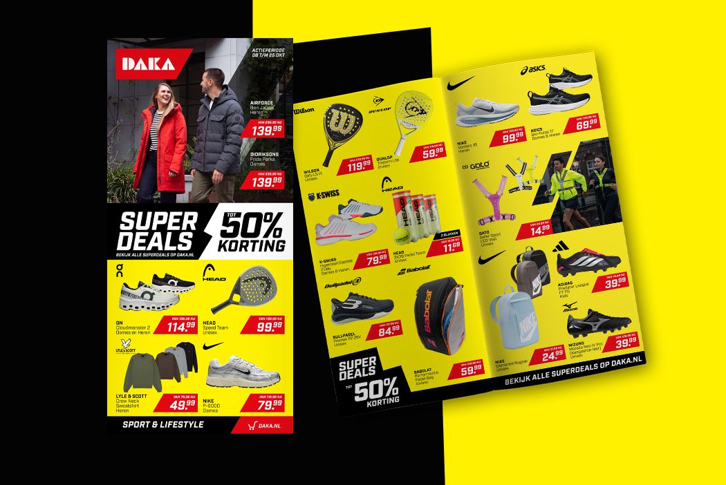 Promotional flyer showcasing sports and lifestyle products with discounts up to 50%. Includes shoes, jackets, equipment, and accessories.