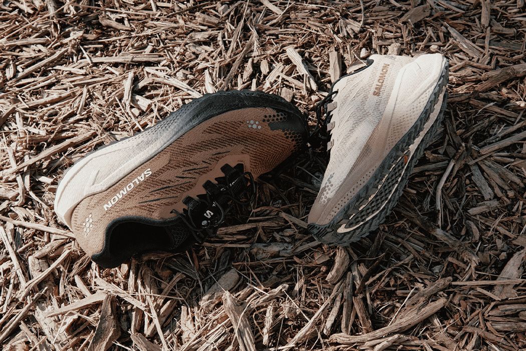 Two beige and black trail running shoes lie on a bed of dry wood chips, with "Salomon" branding visible.