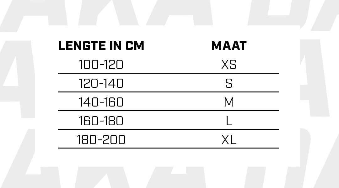 Size chart with columns for height in cm and corresponding size: XS (100-120), S (120-140), M (140-160), L (160-180), XL (180-200).