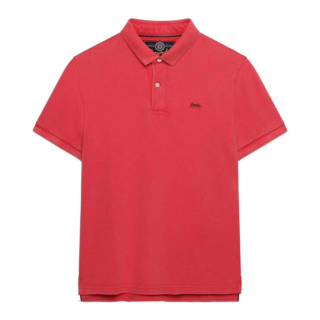 Red polo shirt with short sleeves, a collar, and a button placket. It features a small embroidered logo on the left side of the chest.