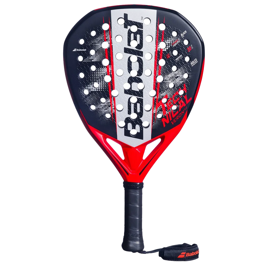 Red and black padel racket with a perforated face, branded with "Babolat." The grip is black with a branded wrist strap.