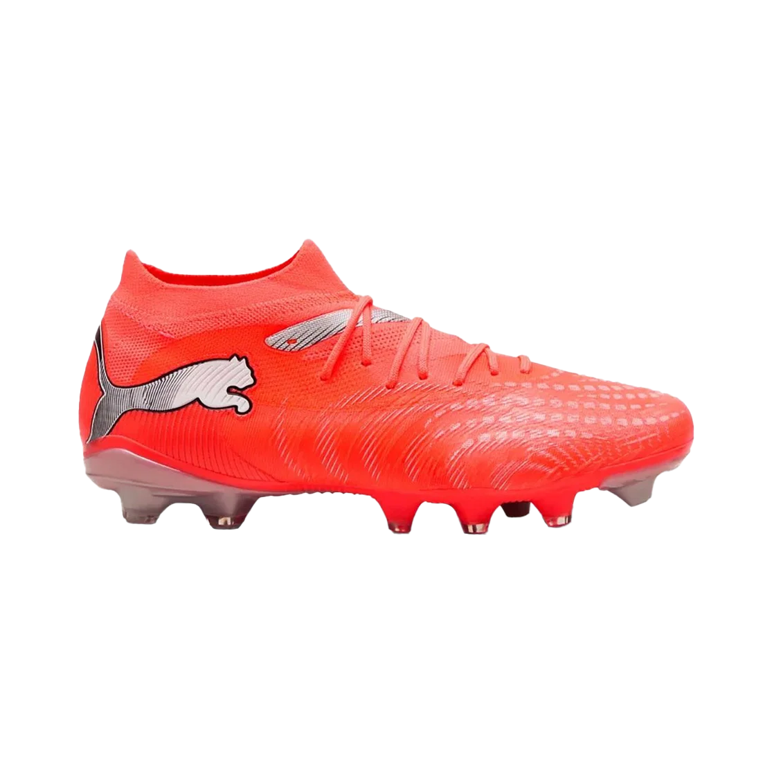 Red soccer cleat with a black logo on the side, featuring a textured upper and conical studs.