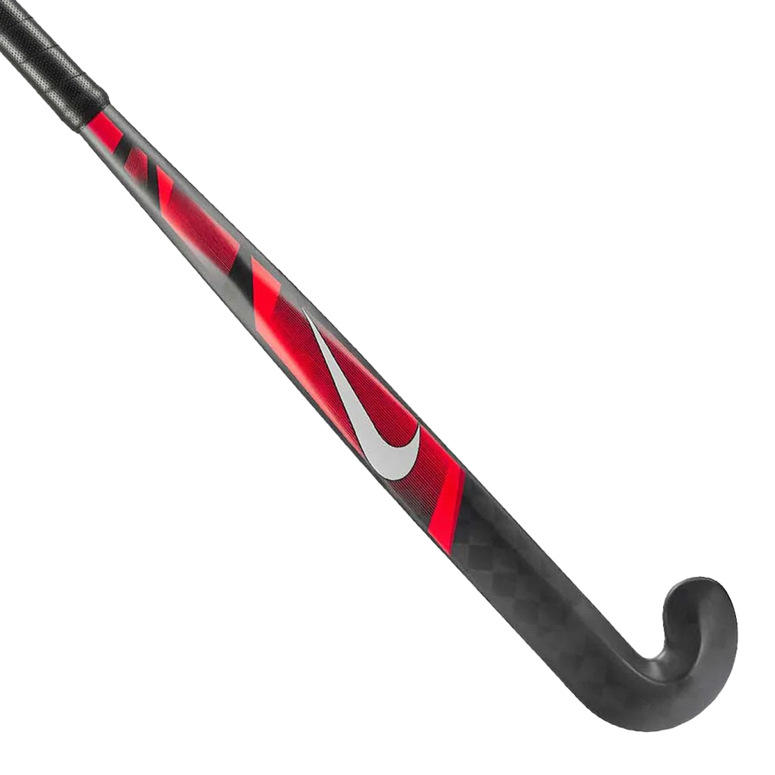 A black and red field hockey stick featuring a prominent white swoosh logo on the shaft, set against a white background.