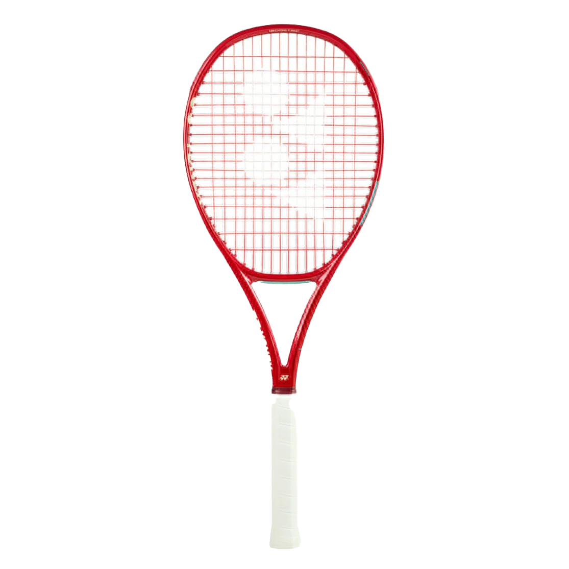 Red tennis racket with white strings and a white grip, set against a plain white background.