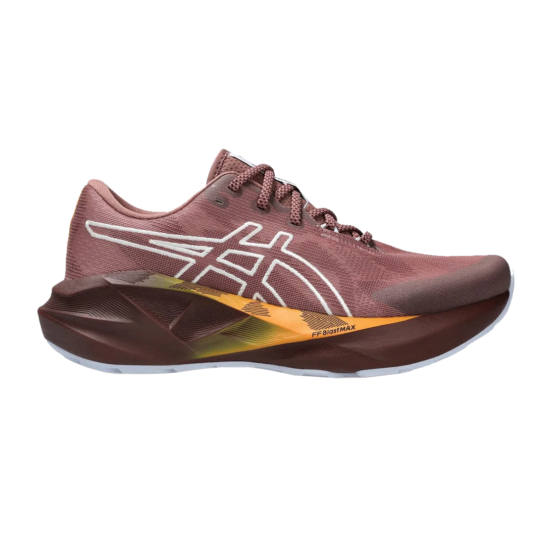 A maroon running shoe with white accents, featuring a prominent logo and an orange-yellow midsole labeled "FF Blast MAX," on a white background.