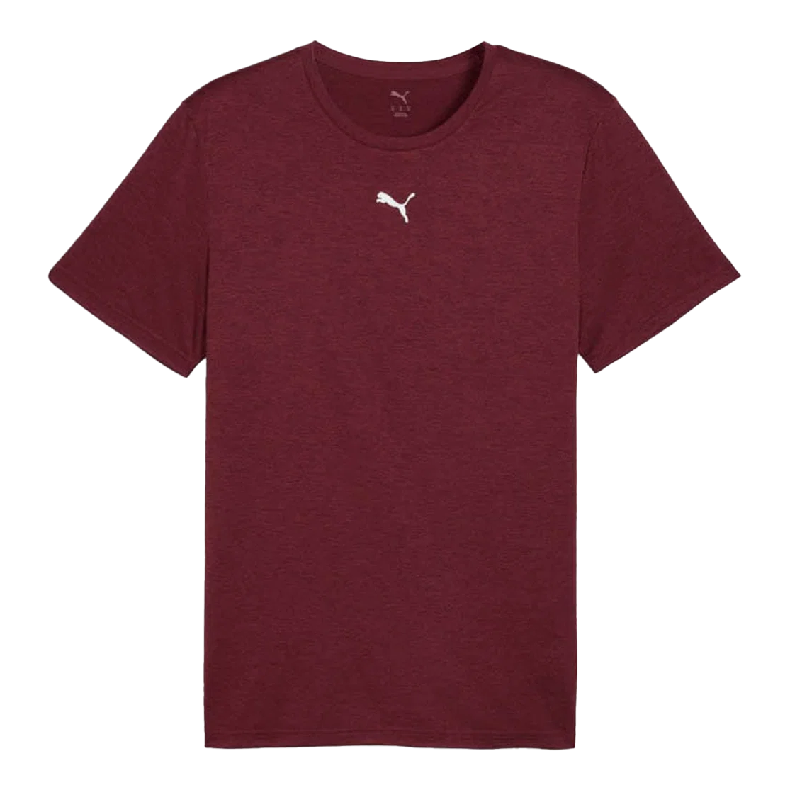 A maroon short-sleeve T-shirt with a small white logo on the chest.