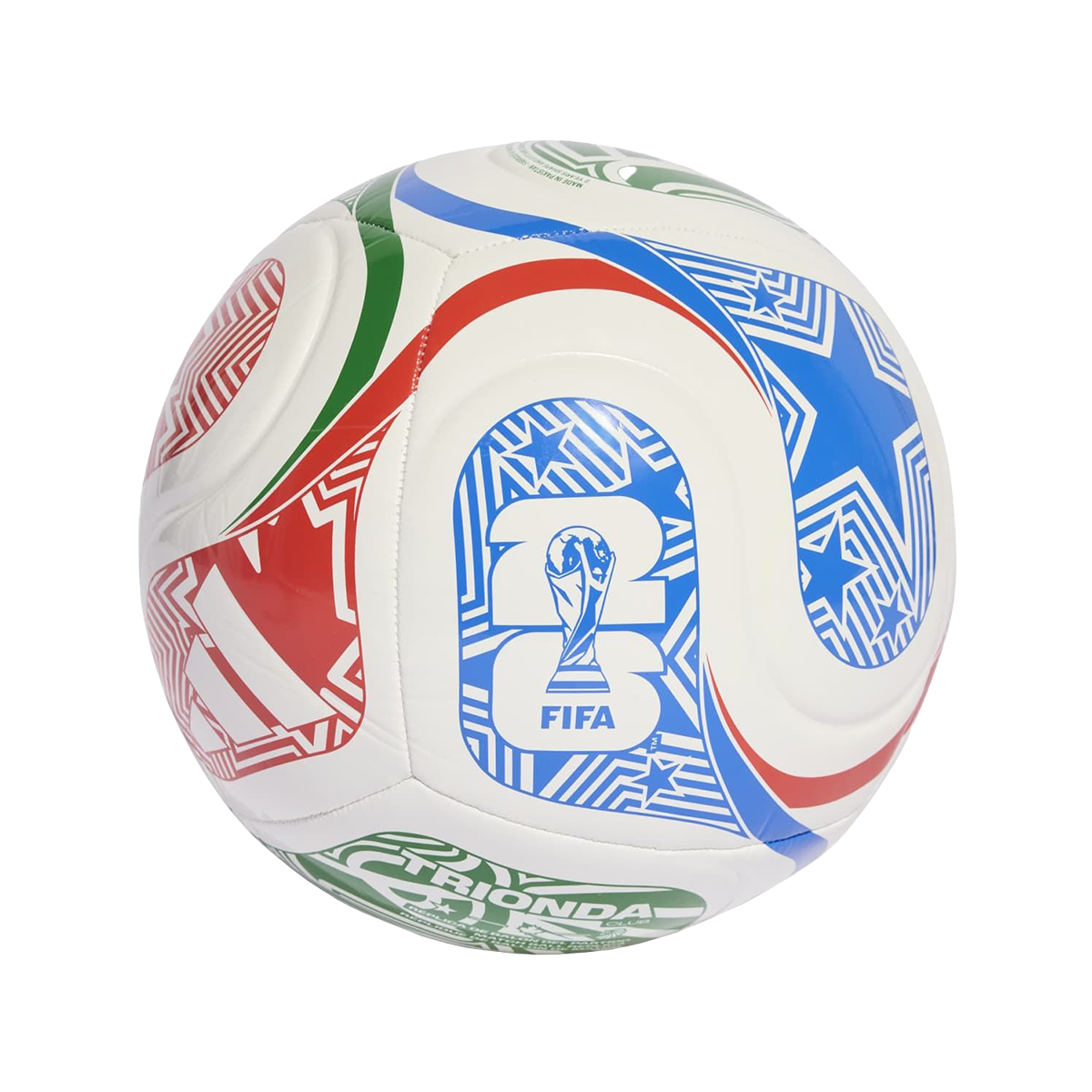 A FIFA Trident soccer ball with vibrant red, blue, and green patterns and a World Cup trophy design.