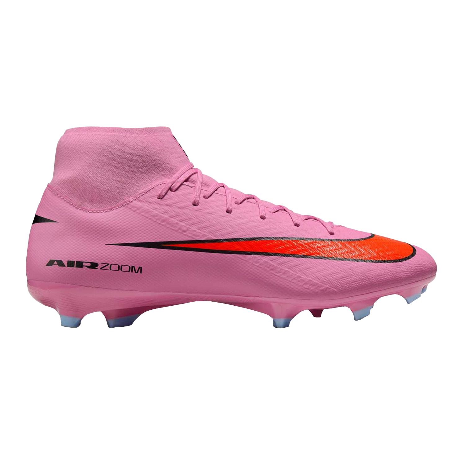 Pink football boot with a high collar, featuring a bold red and black swoosh design and the text "AIR ZOOM" on the side.