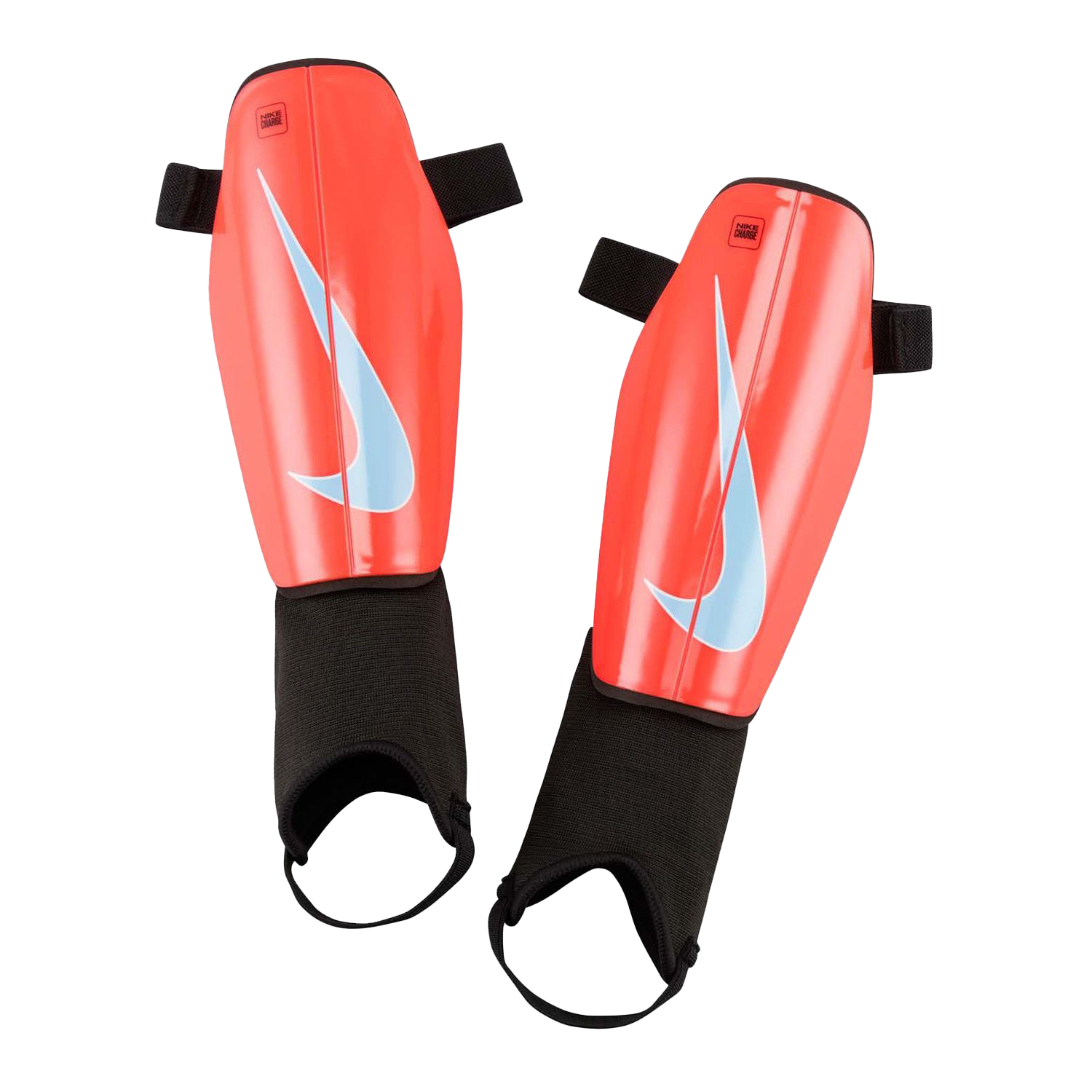 Red shin guards with light blue swoosh logo, black ankle supports, and adjustable straps.
