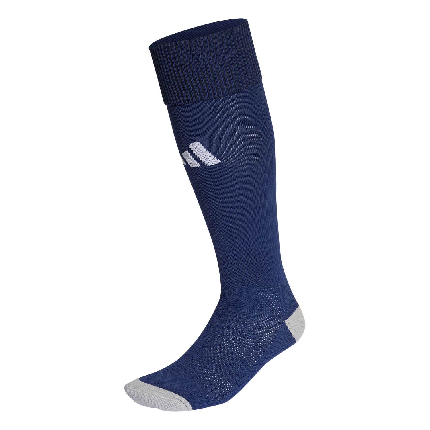 Dark blue knee-high sock with a folded cuff, gray toe and heel, and a white logo near the top.