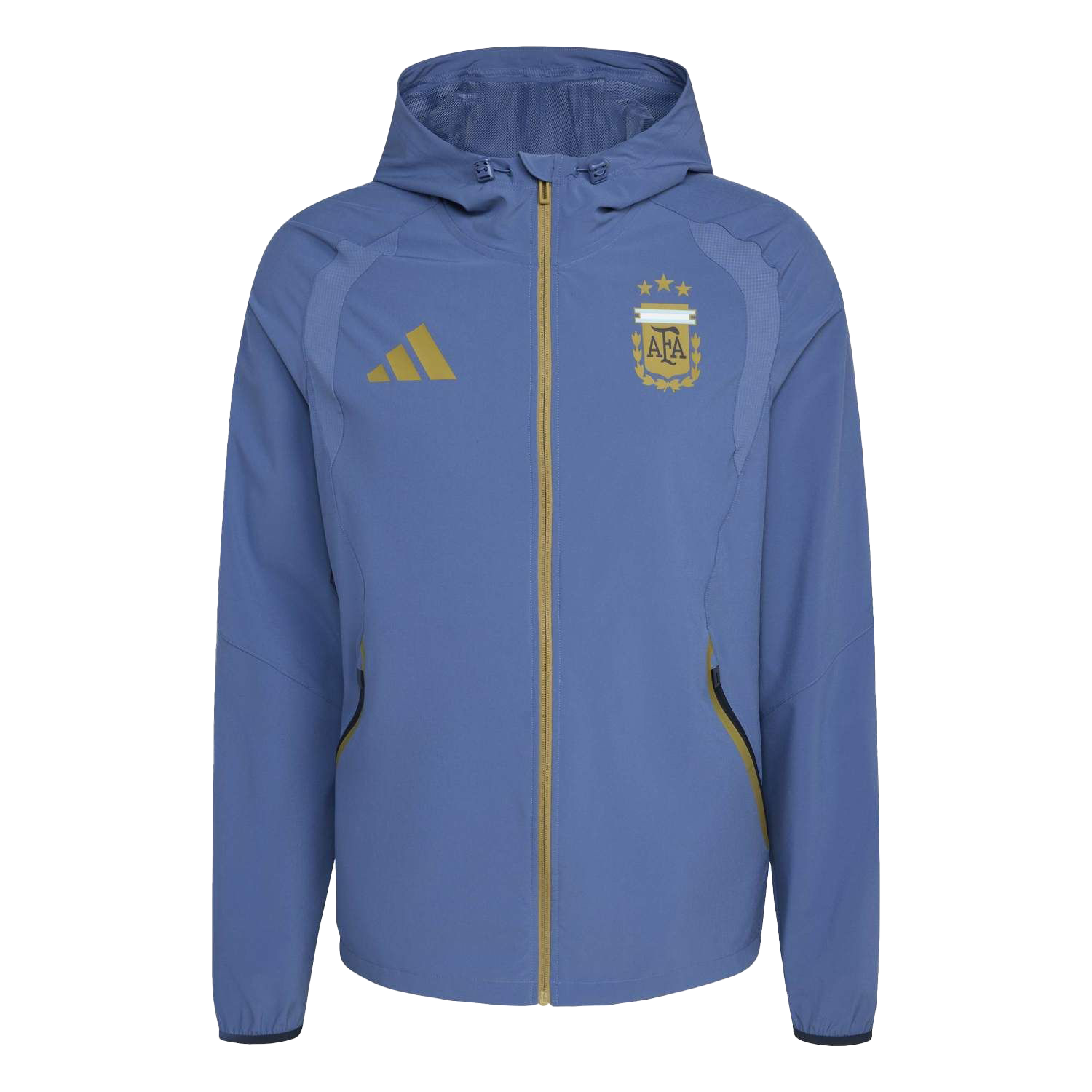 Blue football jacket with yellow logos and a full zip, featuring a hood and two pockets.