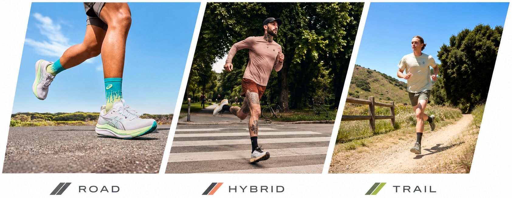 Three images of people running in different environments: road, hybrid path amidst trees, and a trail path under a clear blue sky.