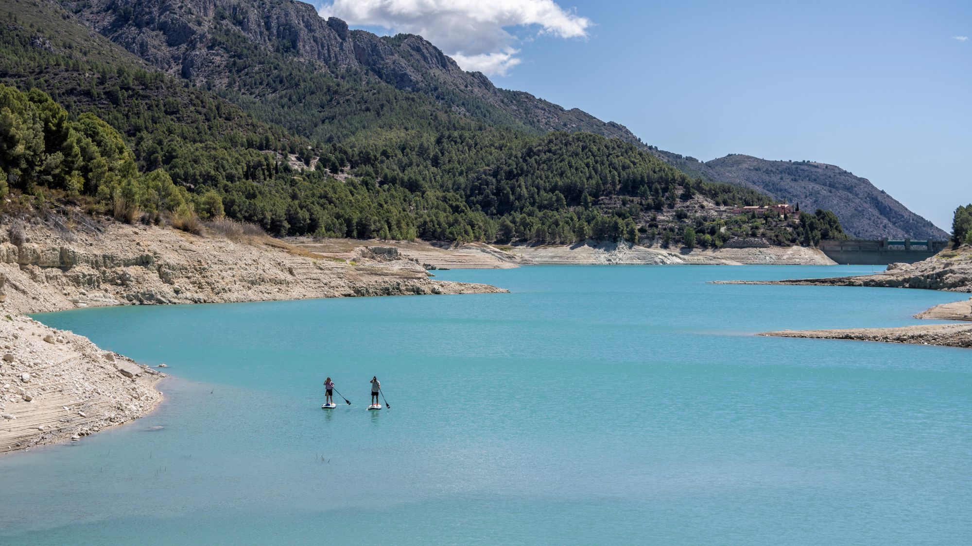 Leuke watersporten voor de zomer: Voor welke activiteit ga jij? Twee personen suppen op een felblauw stuwmeer omringd door beboste bergen onder een heldere lucht.