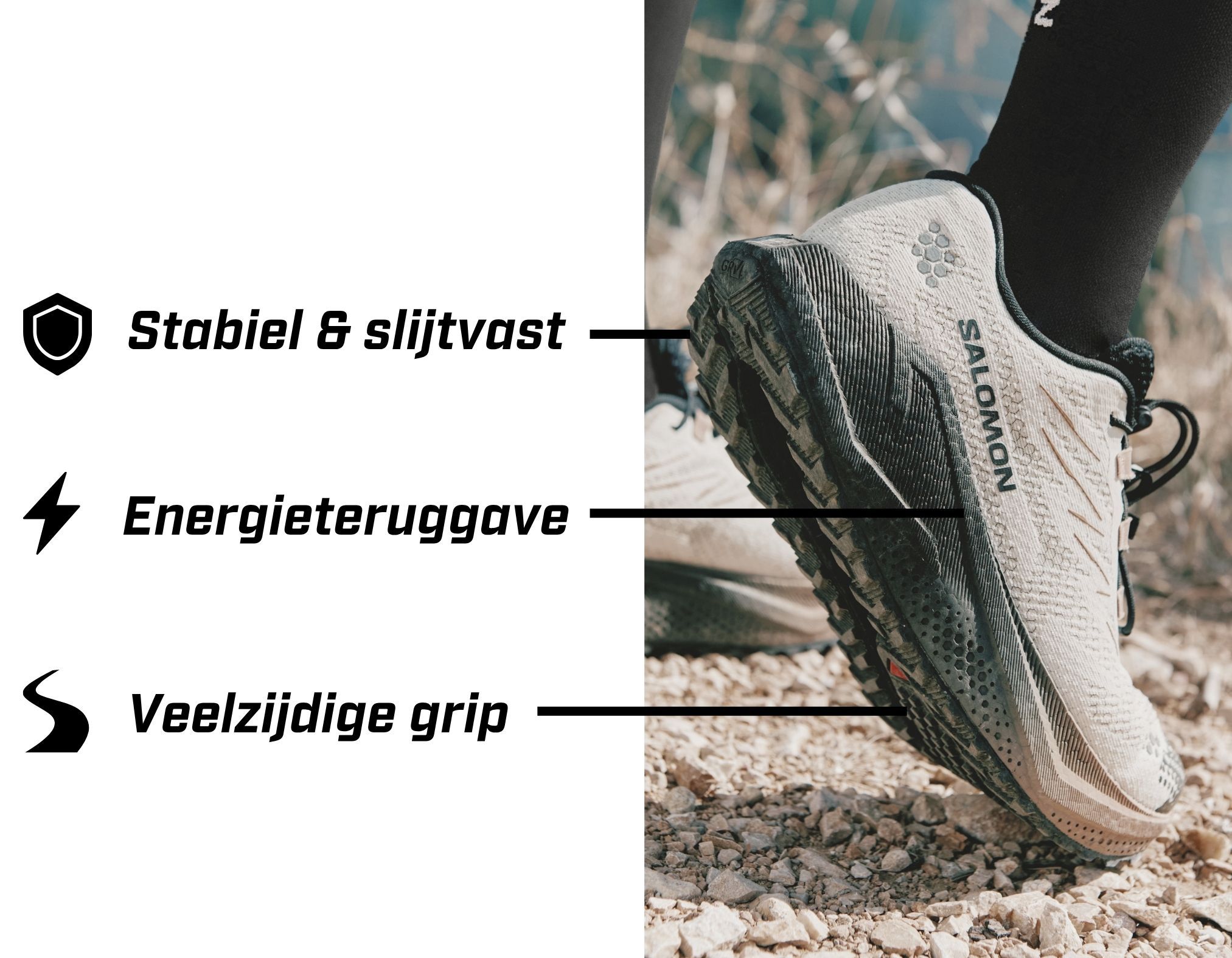 Close-up of a trail running shoe on rocky terrain, highlighting features like stability, energy return, and versatile grip.